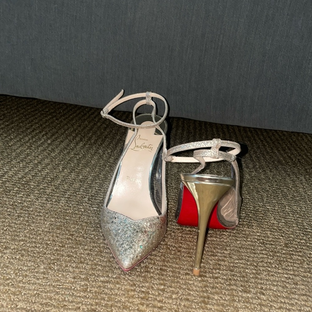 Christian Louboutin Optichoc 100 Glitter Platine ECU/PVC Heels, Size 38